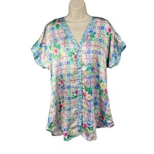 Vintage Sleep Shirt Women Size M Cottage Coquette Feminine Floral Full Button